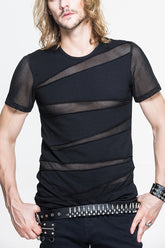 Schwarzes T-Shirt mit Trennwand und Rautenmuster in Netzoptik, Gothic-Punk-Look für Herren